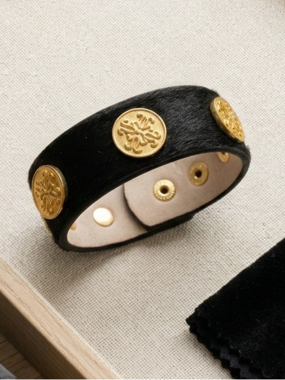 Rustic Cuff Black Haircalf Bracelet with Gold Medallions 2535